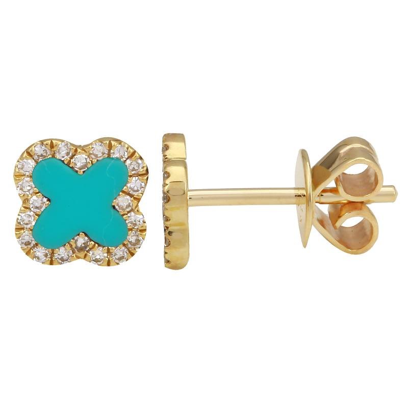 Jai's 14K Yellow Gold Diamond & Turquoise Clover Studs