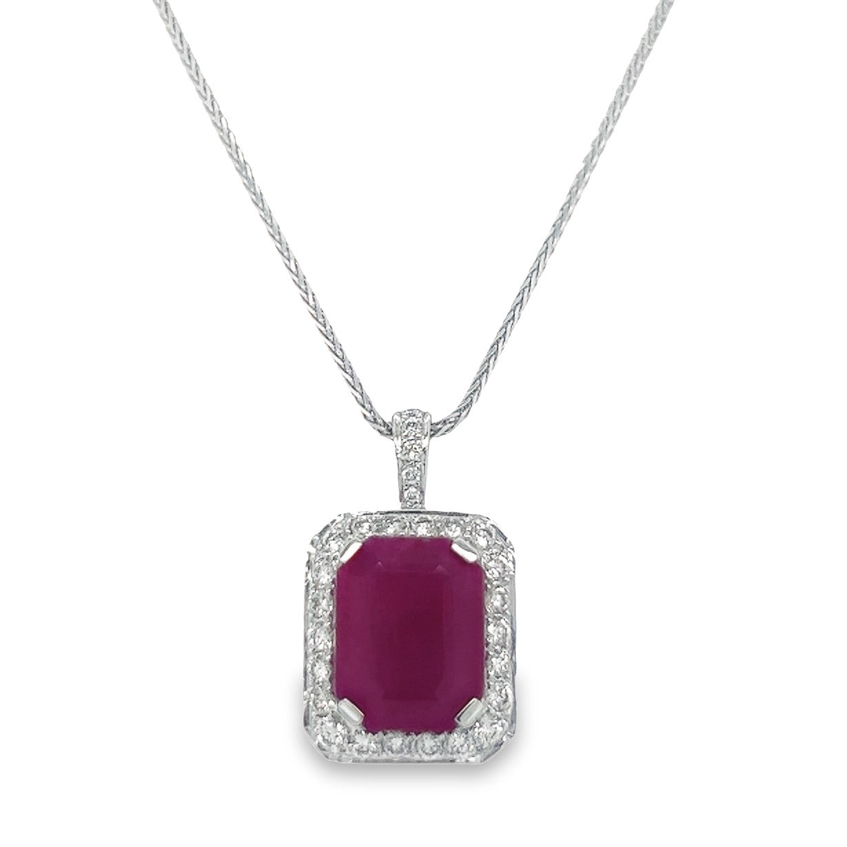 Jai's 14K White Gold Emerald-cut Ruby & Diamond-lined Pendant