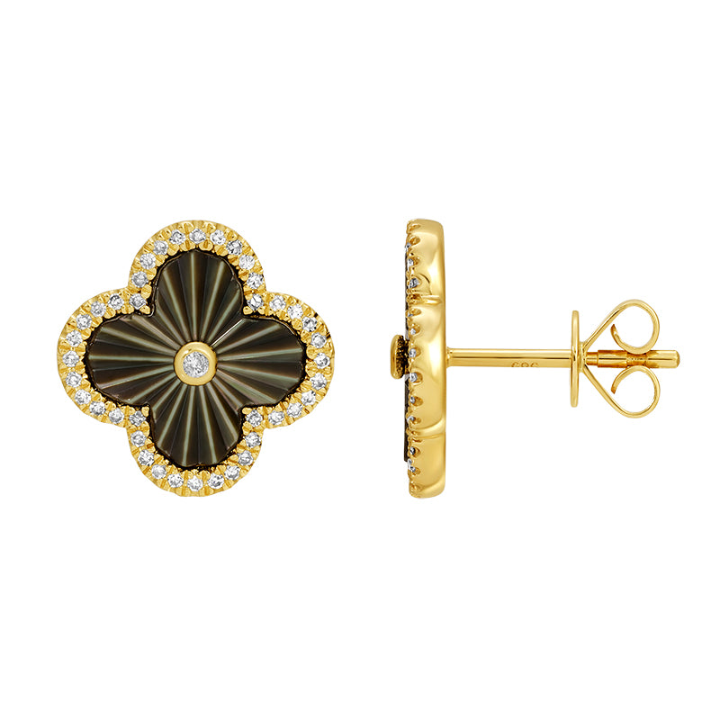 Jai's 14K Yellow Gold Black Mother-of-Pearl & Diamond Clover Studs