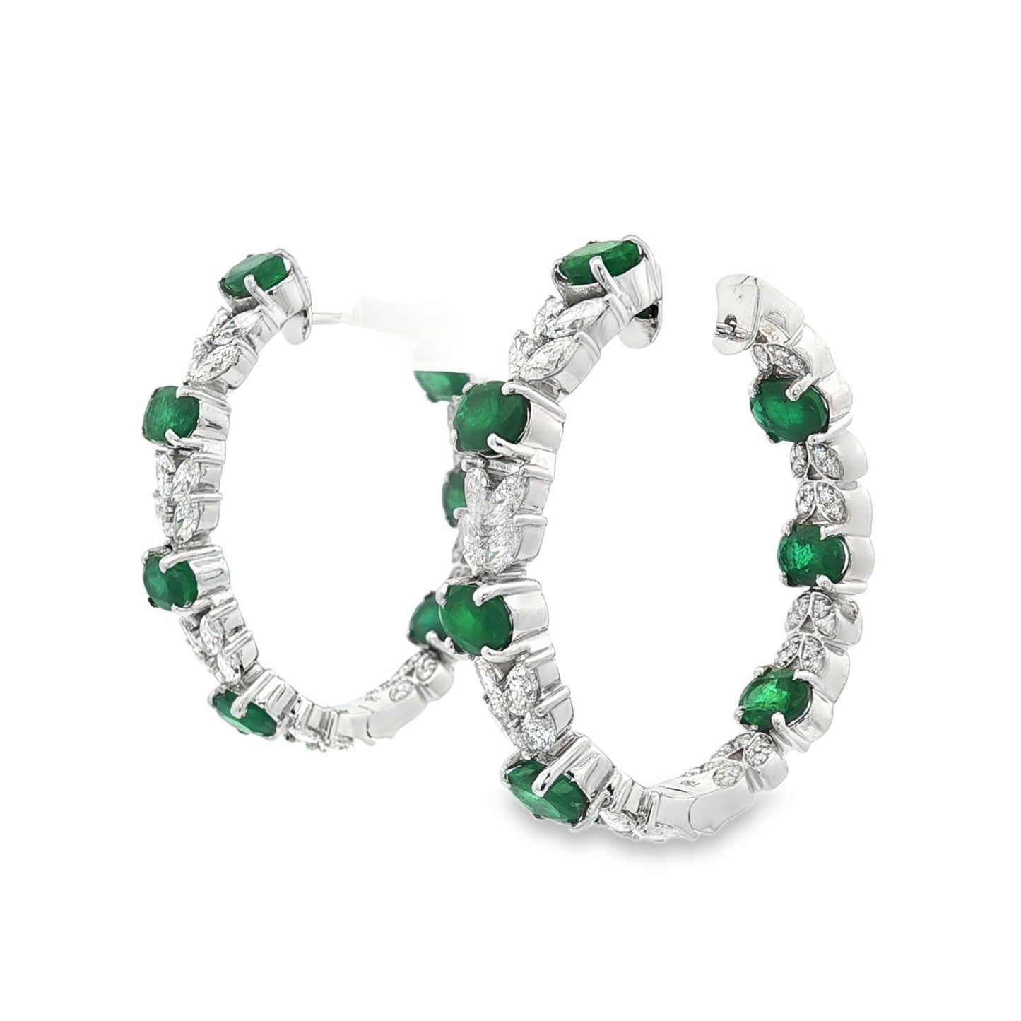 Jai's 18K White Gold Oval Emerald & Diamond Hoops