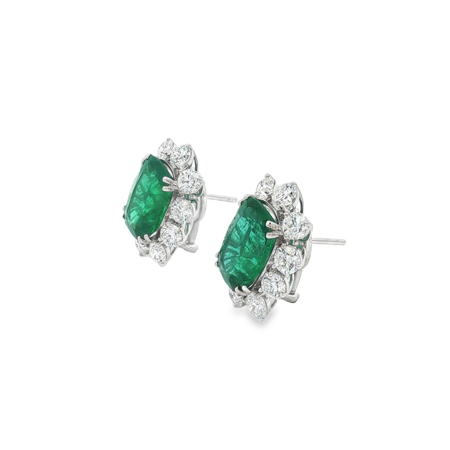 Jai's 18K White Gold Floral Cushion-cut Emerald & Diamond Studs