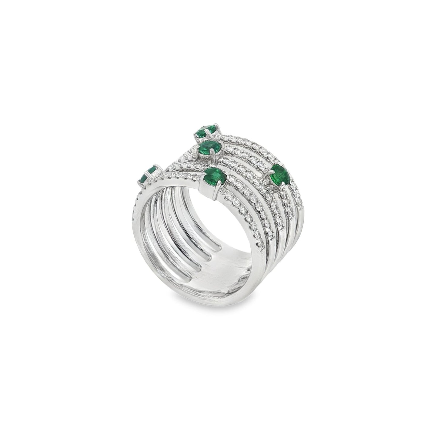 Jai's 18K White Gold Five-strand Emerald & Diamond Ring