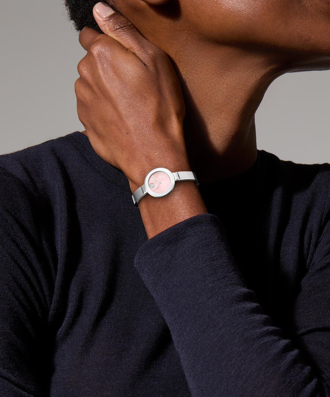 Movado's BOLD Bangle with Pink Mother-of-Pearl Museum Dial & Crystals