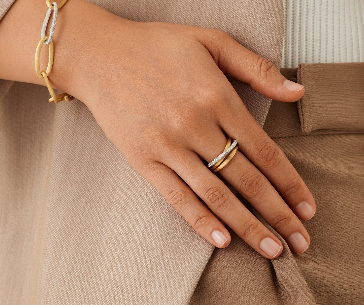 Marco Bicego's 18K Two-tone Jaipur Link Three-strand Diamond Ring