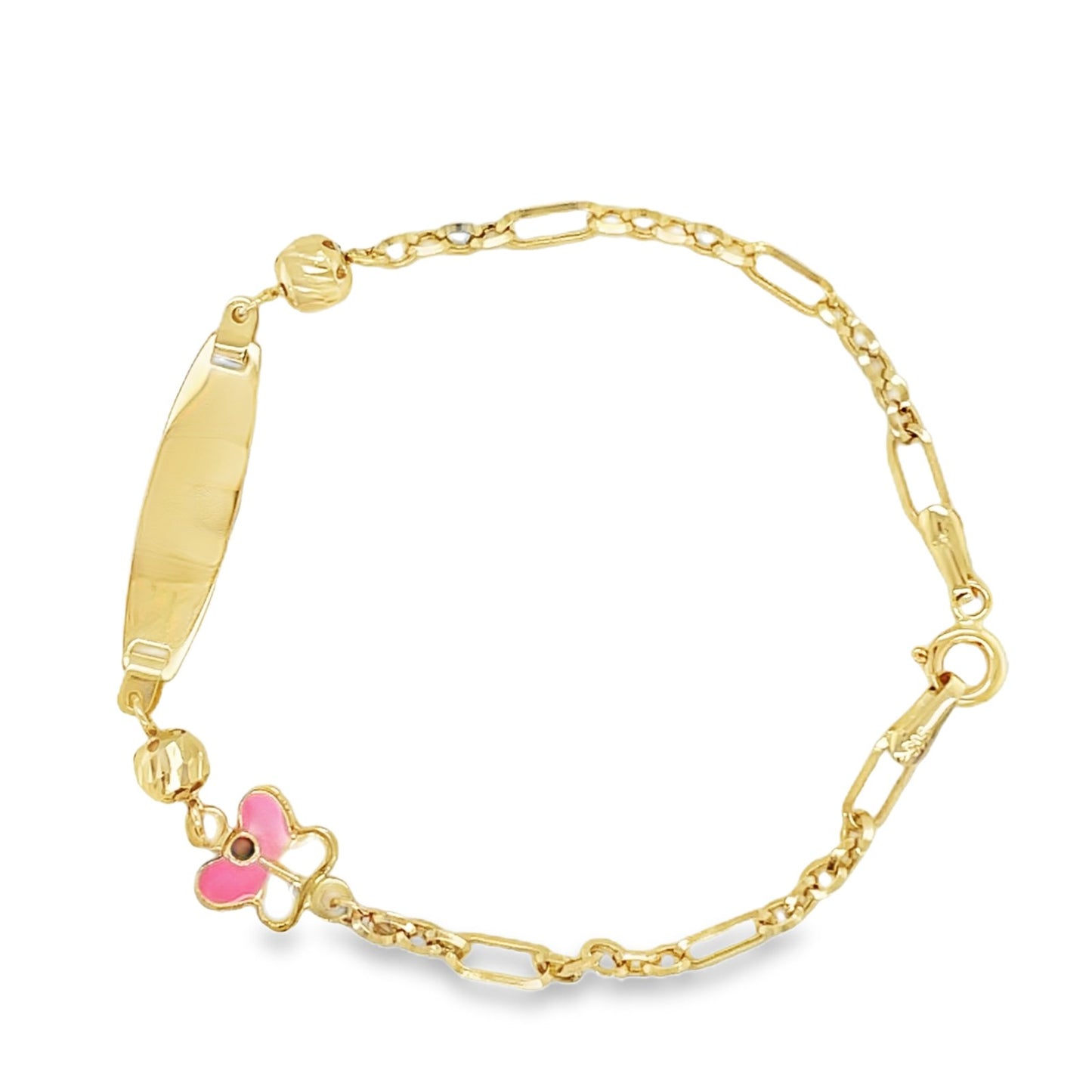 Jai’s 14K Yellow Gold Baby ID & Pink Butterfly Figaro Chain Bracelet