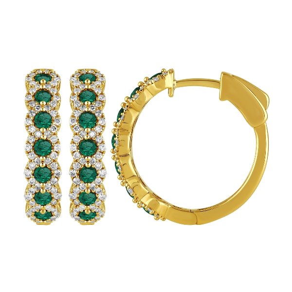Morris & David's 14K Yellow Gold Emerald & Diamond Floral Hoops