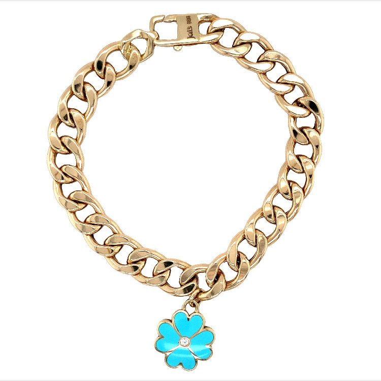Jai's 14K Yellow Gold Turquoise Clover Curb Chain Bracelet