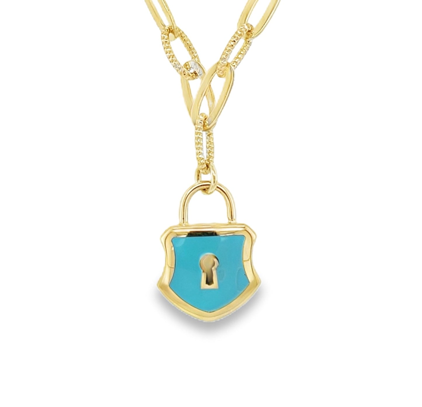 Jai's 14K Yellow Gold Turquoise Lock Charm Necklace