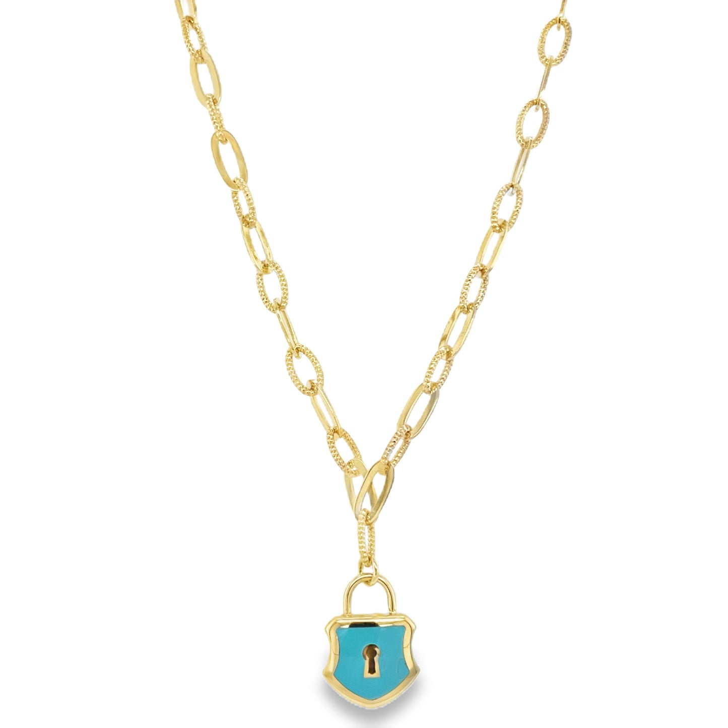 Jai's 14K Yellow Gold Turquoise Lock Charm Necklace