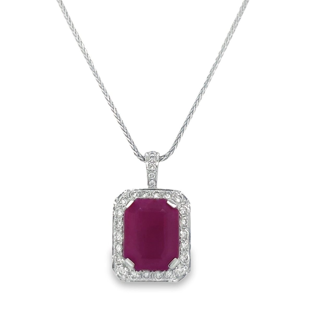 Jai's 14K White Gold Emerald-cut Ruby & Diamond-lined Pendant