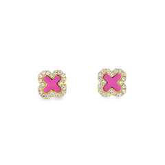 Jai's 14K Yellow Gold Diamond Fuchsia Clover Studs