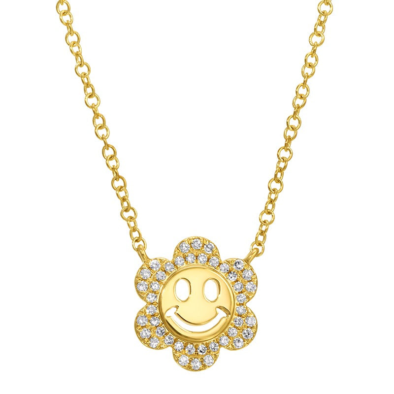 Jai's 14K Yellow Gold Diamond Floral Smiley Charm Necklace