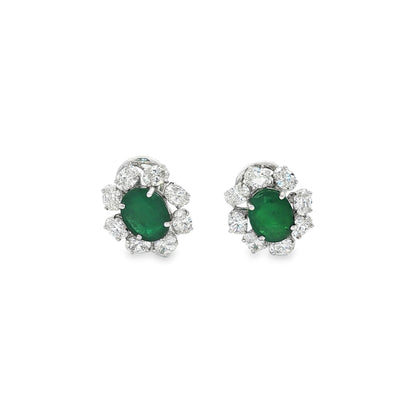 Jai's 18K White Gold Petite Floral Oval Emerald & Diamond Studs
