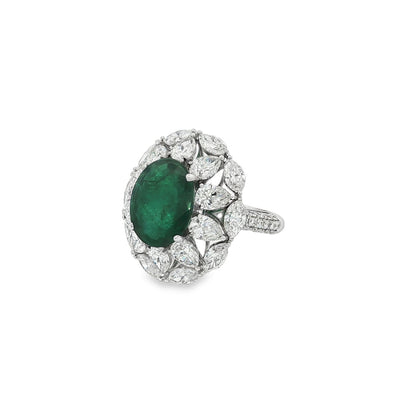 Jai's 18K White Gold Crowned Oval Emerald & Diamond Ring