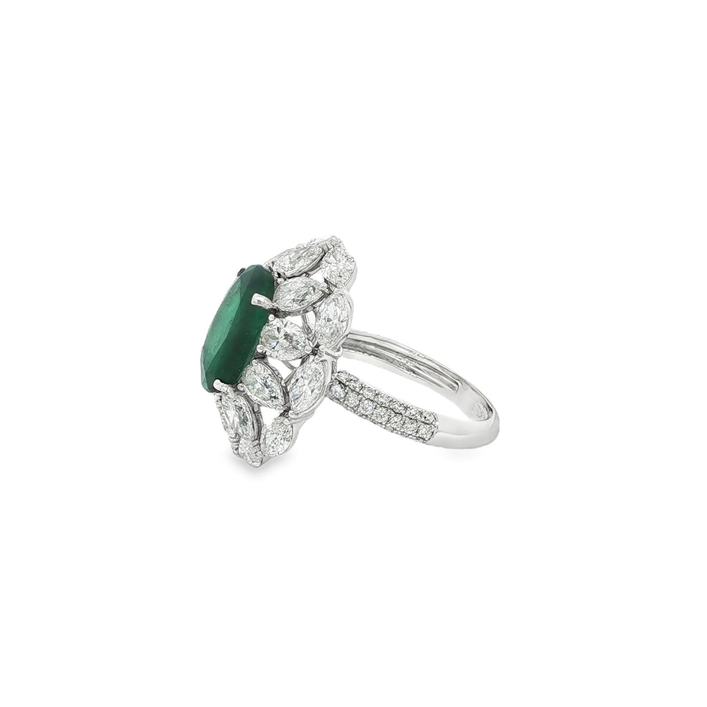 Jai's 18K White Gold Crowned Oval Emerald & Diamond Ring