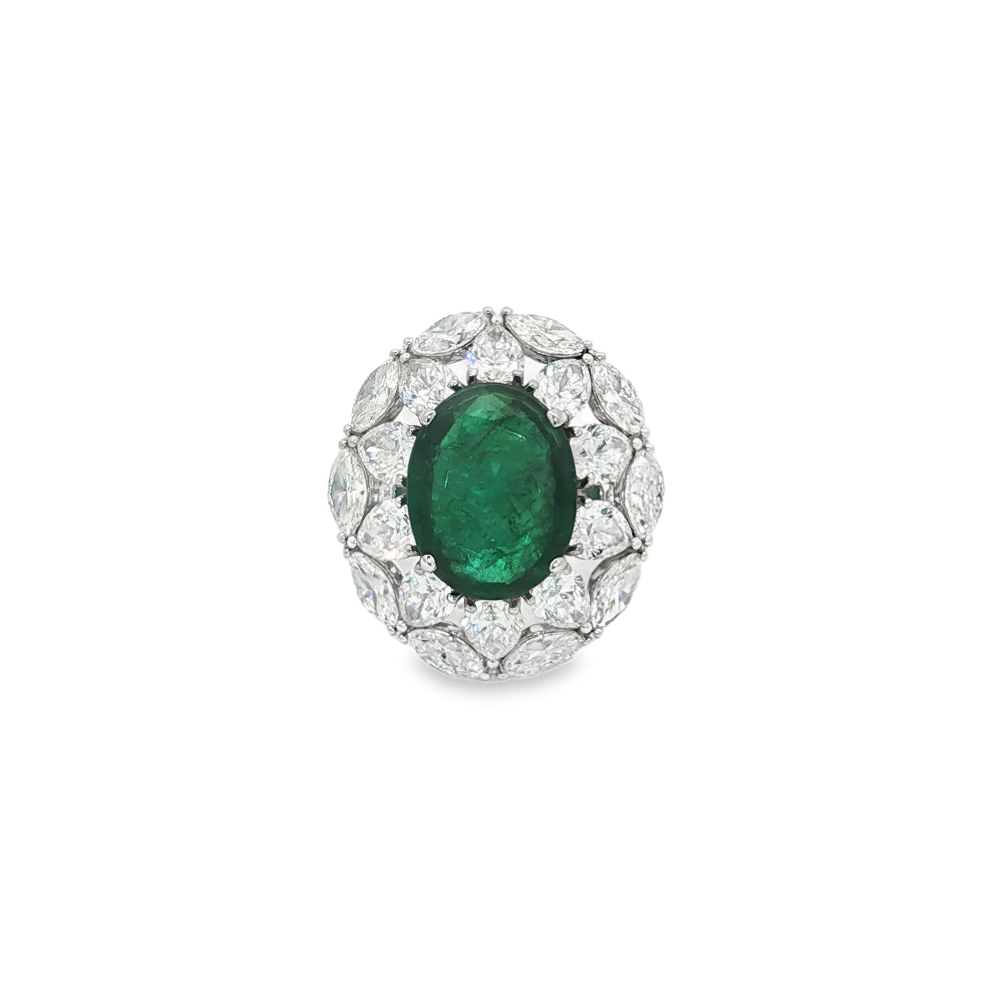 Jai's 18K White Gold Crowned Oval Emerald & Diamond Ring
