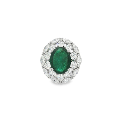 Jai's 18K White Gold Crowned Oval Emerald & Diamond Ring