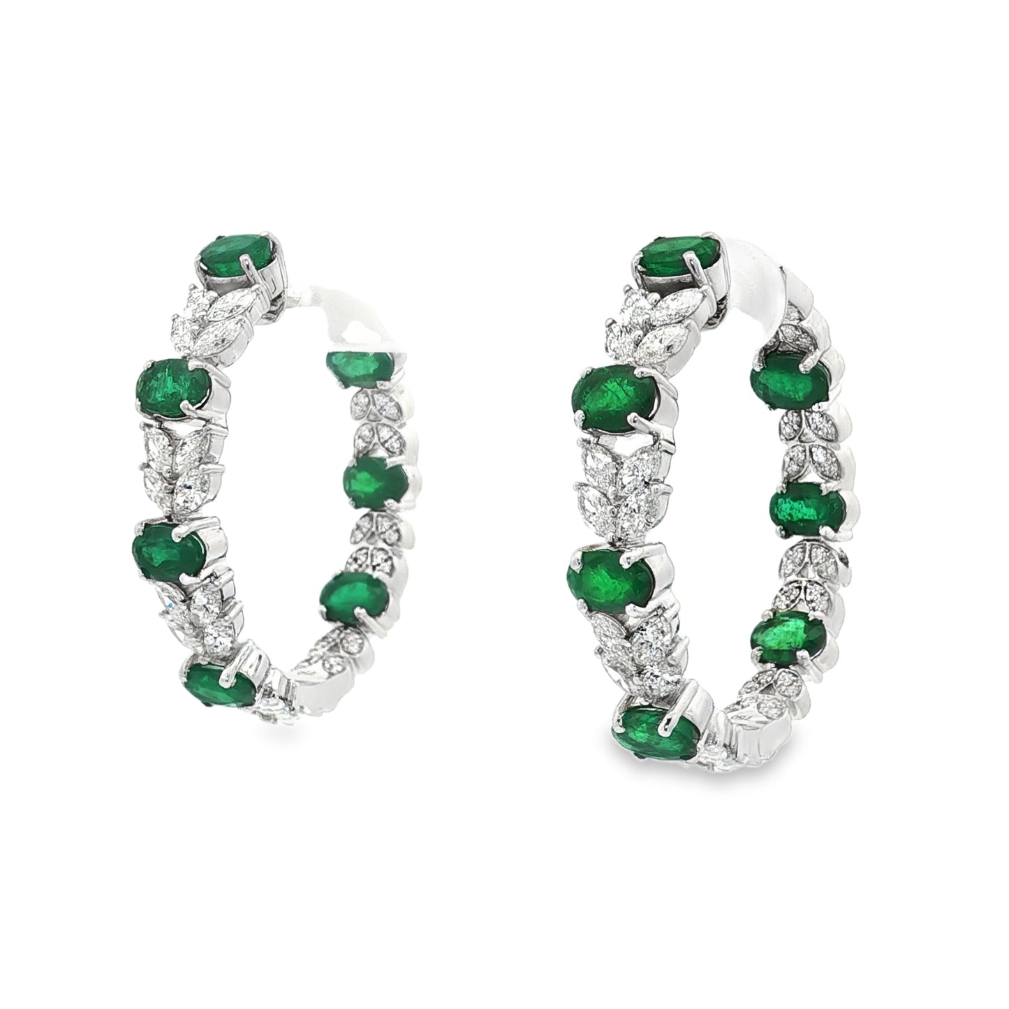 Jai's 18K White Gold Oval Emerald & Diamond Hoops