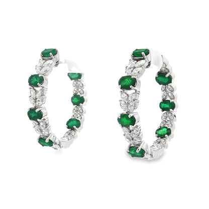 Jai's 18K White Gold Oval Emerald & Diamond Hoops