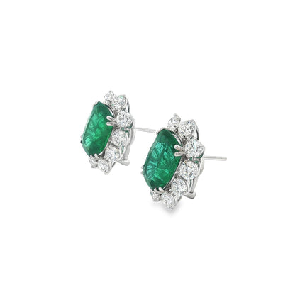 Jai's 18K White Gold Floral Cushion-cut Emerald & Diamond Studs
