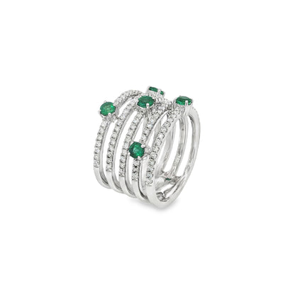 Jai's 14K White Gold Five-strand Emerald & Diamond Ring