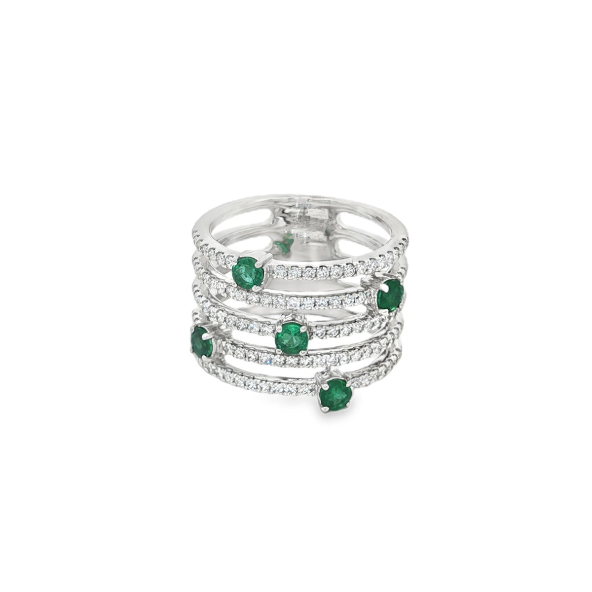 Jai's 14K White Gold Five-strand Emerald & Diamond Ring