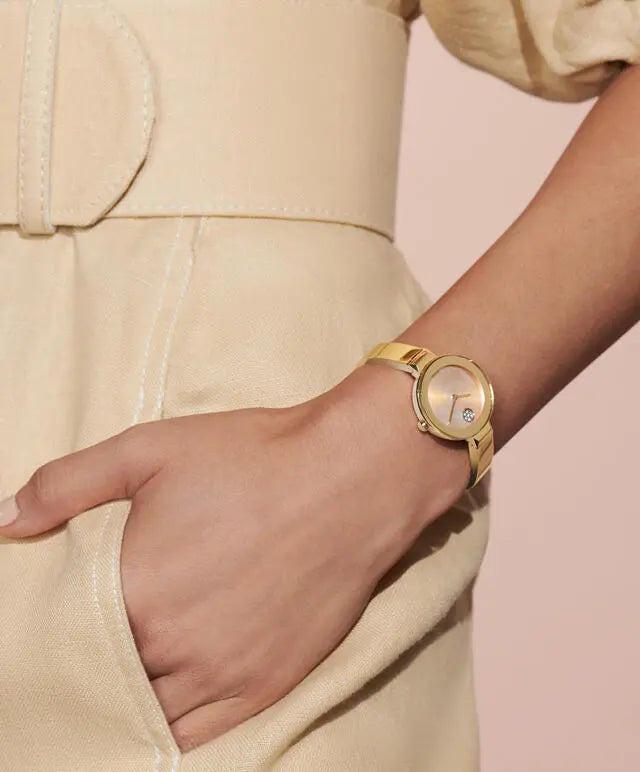 Movado's BOLD Bangle with Mother-of-Pearl Dial & Crystals