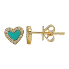 Jai's 14K Yellow Gold Turquoise & Diamond Heart Studs