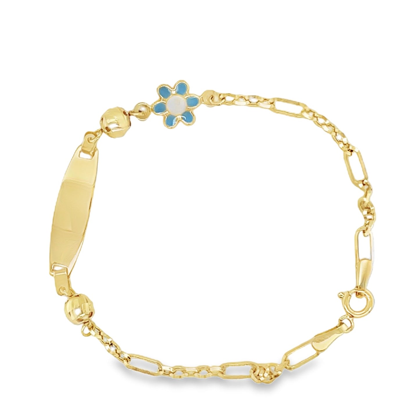Jai’s 14K Yellow Gold Baby ID & Blue Flower Figaro Chai