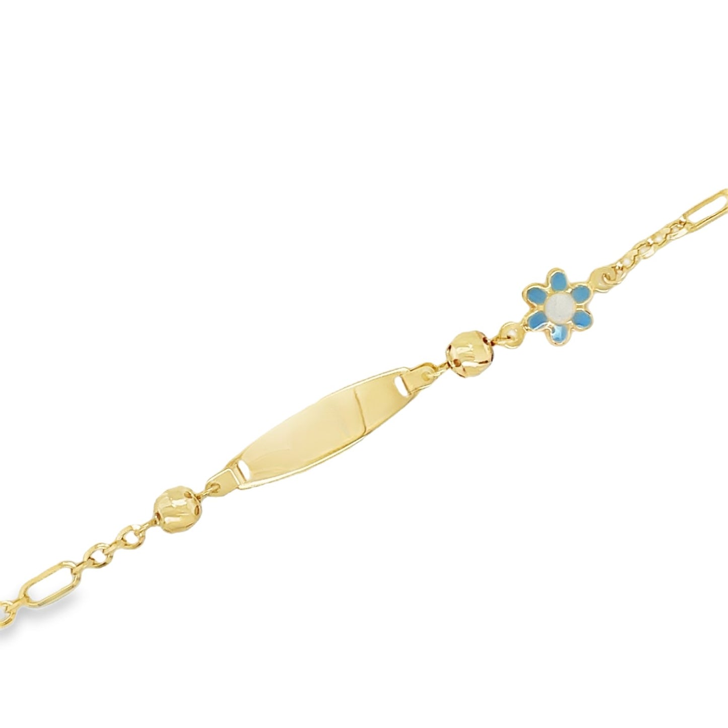 Jai’s 14K Yellow Gold Baby ID & Blue Flower Figaro Chai