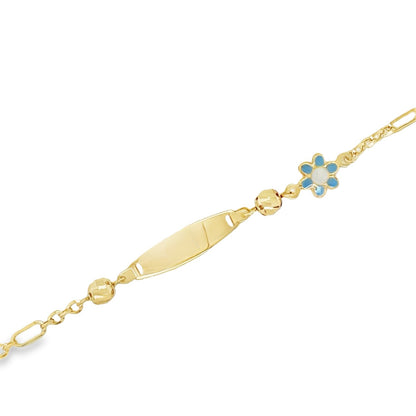 Jai’s 14K Yellow Gold Baby ID & Blue Flower Figaro Chai