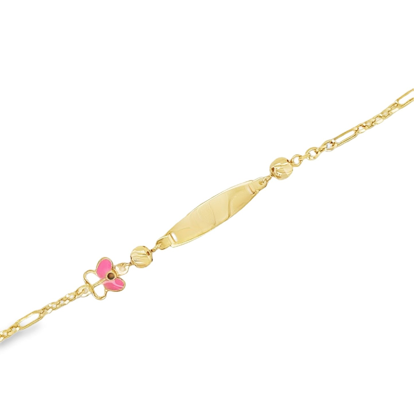 Jai’s 14K Yellow Gold Baby ID & Pink Butterfly Figaro Chain Bracelet