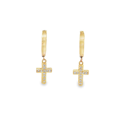Jai's 14K Yellow Gold Diamond Cross Drop Huggies