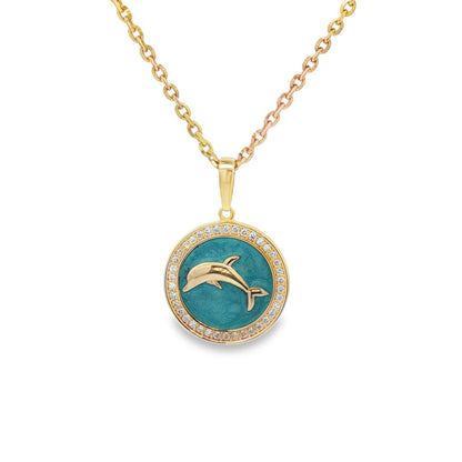 Jai's 14K Yellow Gold Diamond & Turquoise-accented Dolphin Pendant