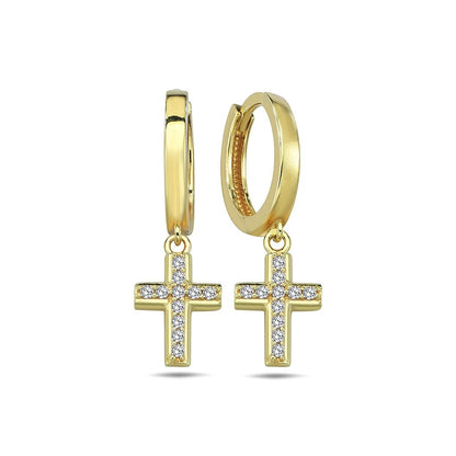 Jai's 14K Yellow Gold Diamond Cross Drop Huggies