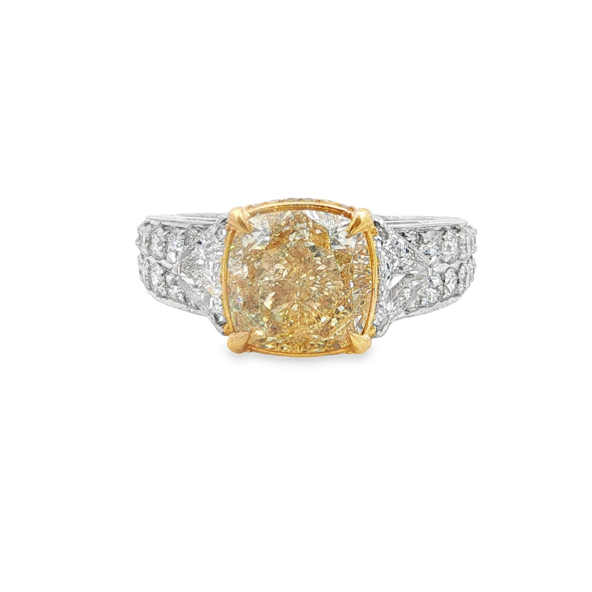 Jai's 18K Two-tone Cushion-cut Yellow Diamond Ring