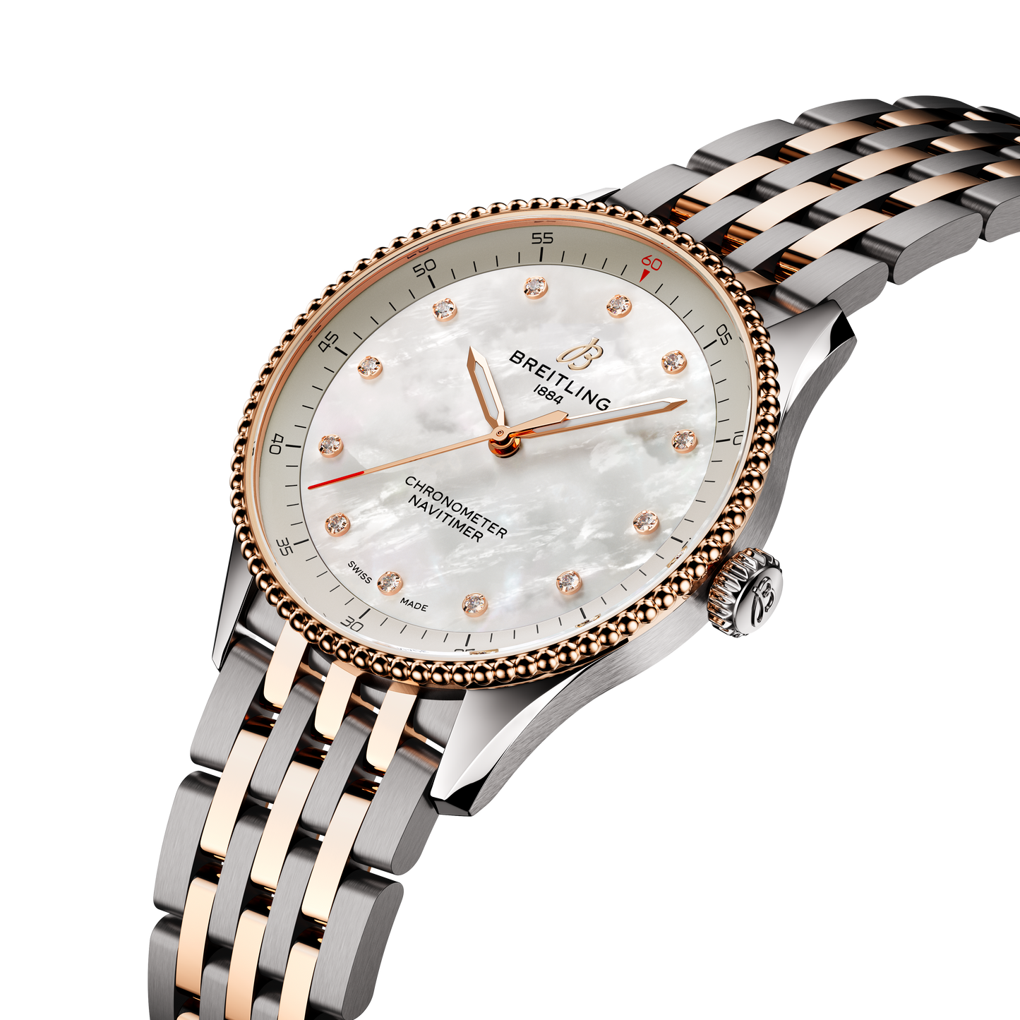 Breitling's Navtimer 32 with White Mother-of-Pearl Dial & Diamonds