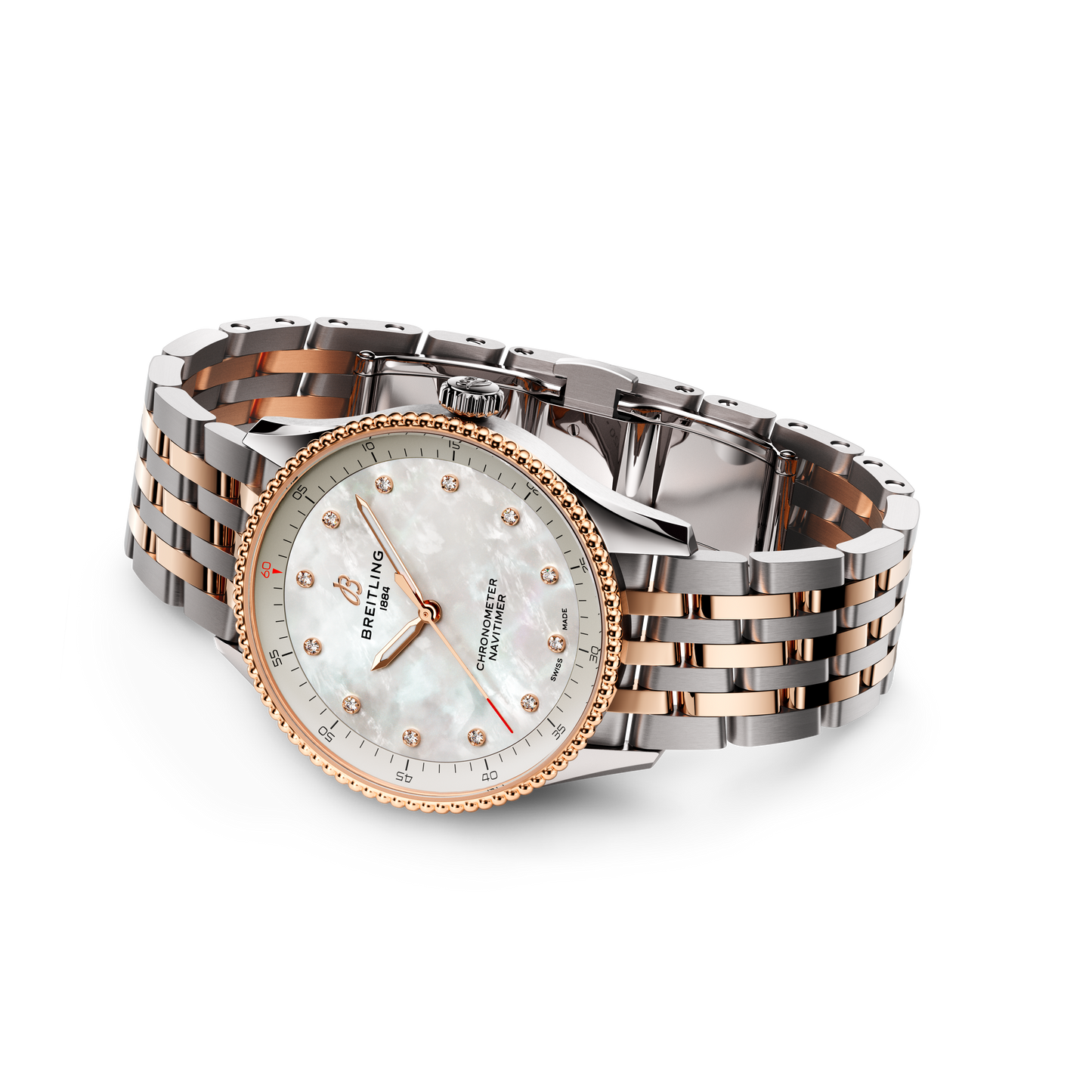 Breitling's Navtimer 32 with White Mother-of-Pearl Dial & Diamonds