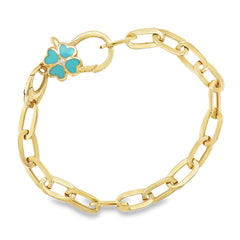 Jai's 14K Yellow Gold Turquoise Clover & Paperclip Chain Bracelet - 7"